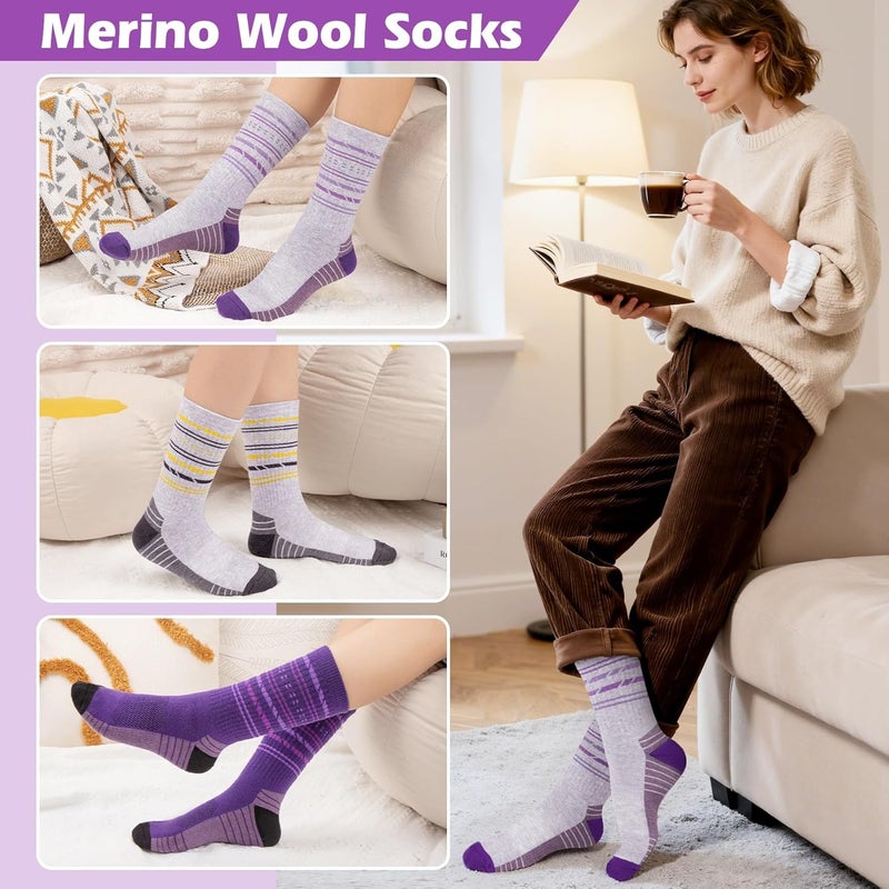 SEEKSOCK Store 5 Pairs Womens Merino Wool Hiking Socks Winter Warm Crew Moisture Wicking Thick Cushioned Striped Boot Socks - Image 2